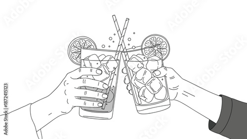 Close up of two hands clinking glasses filled with ice cubes and straws in a celebratory toast in black and white.
