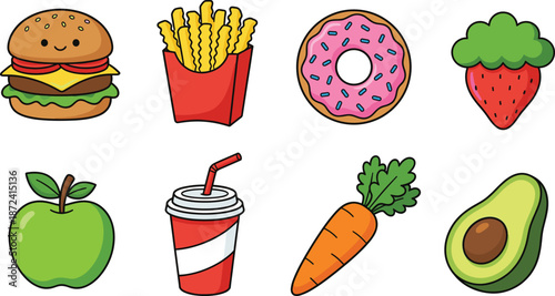 Illustration set of fast food and healthy food icons including burger, fries, donut, fruits, vegetables, and drink in cute cartoon style