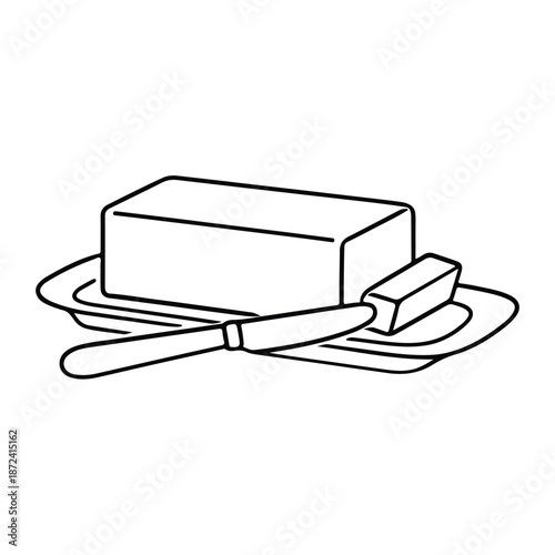 Butter on Plate with Knife Simple Line Art, Food Ingredient, Breakfast Staple, vector illustration