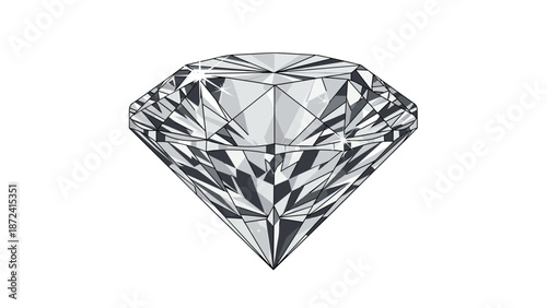 Brilliant cut diamond with many facets reflecting light and sparkling with highlights against a plain white background.