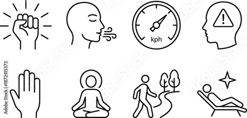 Mindfulness and mental wellness icons showing meditation, breathing, awareness, stress control, relaxation, walking, focus and self-care lifestyle concepts