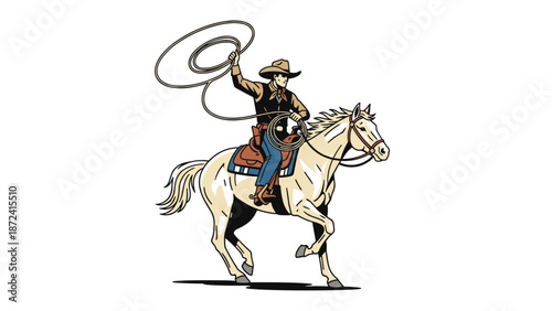 Skilled cowboy riding a white horse and swinging a lasso loop, portrayed in a dynamic classic western illustration style.