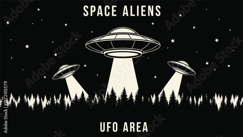 Three flying saucers hovering over a dark pine forest with bright light beams descending from them in a starry night sky.