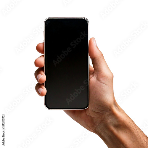 A human hand securely holding a modern smartphone with a blank screen on a black background