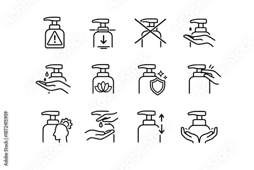 Minimalist cue pump adjustment warning risk vector soap crossed hygiene icon mindful