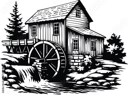 Water Mill by Creek Laser engrave file Design - Rustic Mill Landscape - Detailed River Mill Engraving File - Water Wheel Mill by Stream - Old Mill with Water Wheel Design