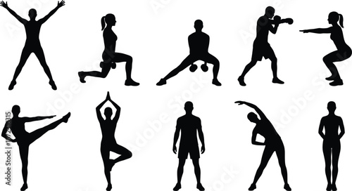 Silhouettes of men and women doing various fitness exercises, stretching, yoga, boxing, and training poses in active workout illustration
