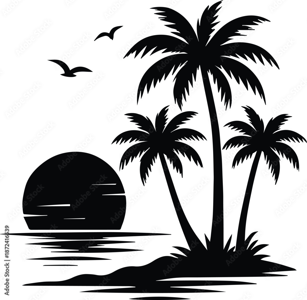 Naklejka premium Tropical Beach Sunrise Silhouette - Palm Tree on Shore with Birds - Ocean Dawn Landscape - Tropical Dawn Silhouette - Seaside Sunrise with Flying Birds