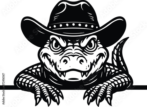 Peeking Alligator with Cowboy Hat - Cute Crocodile Peeking Design - Western Reptile Character - Playful Gator Design - Southern Animal Character
