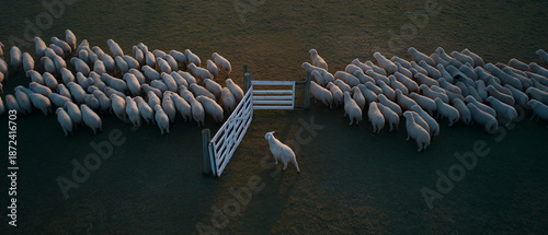 AI generator images of flock of sheep walking through a gate in a pasture; the sheep are being herded through a wooden gate, with one sheep standing in the middle between the gates, symbolizing differ