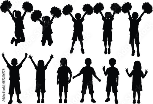 Children silhouette set with cheerleading and expressive poses, black and white design, minimal style, youth activity illustration