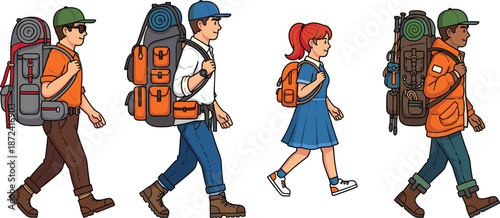 Colorful hiking group illustration, backpack gear variety, outdoor trekking attire, vector artwork, editable design, isolated camping scene
