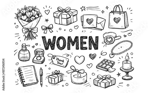 Doodle illustration of gifts and symbols for women, celebrating femininity and appreciation
