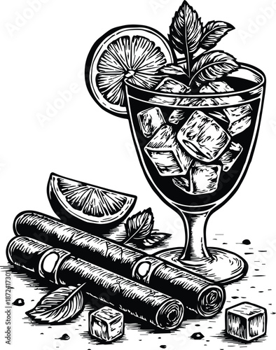 Old Whiskey and Cigar Lounge - Aged Bourbon Glass with Ice - Vintage Smoke & Spirits Scene - Gentleman's Relaxation Hour