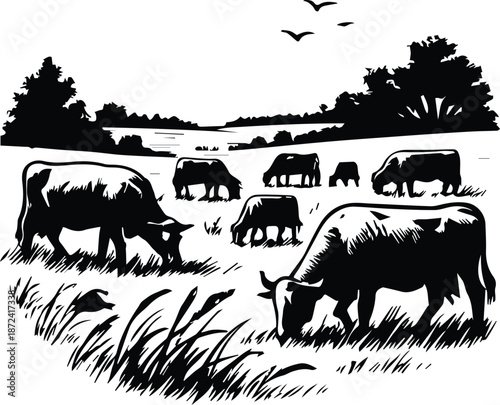 Farm Landscape Grazing Herd - Cows in Pasture Meadow - Countryside Tranquil Animal Art - Meadow Grazing Cattle Scene - Pasture Cows Farm Landscape