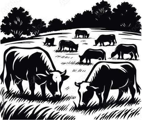 Farm Landscape Grazing Herd - Cows in Pasture Meadow - Countryside Tranquil Animal Art - Meadow Grazing Cattle Scene - Pasture Cows Farm Landscape