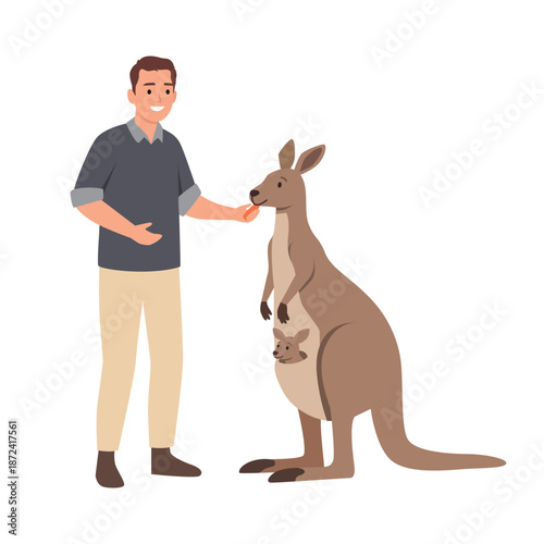 Man Feeding Kangaroo with Baby in Pouch. Flat vector illustration isolated on white background