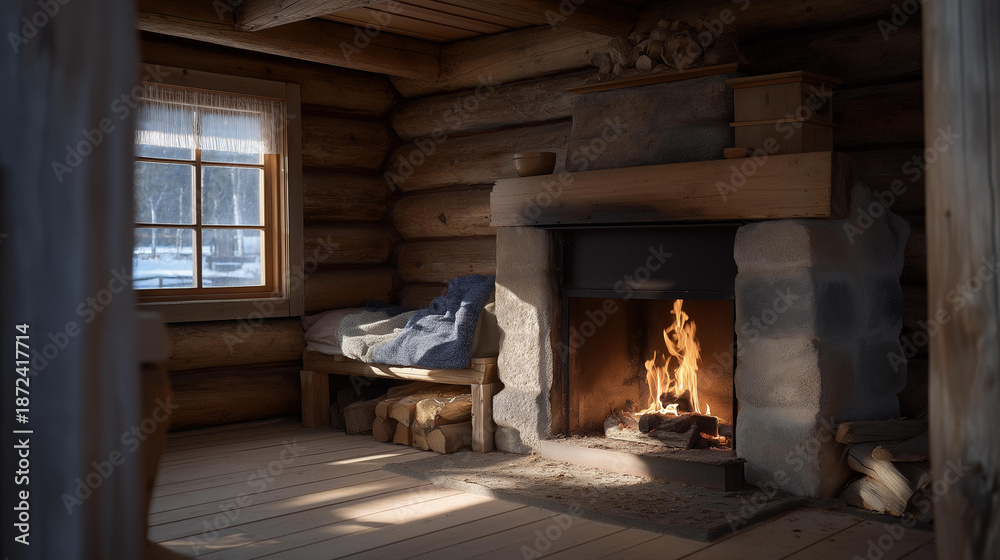 Fototapeta premium Traditional wooden cabin in winter featuring a fireplace, soft shadows and warmth creating a timeless sense of comfort and escape. cinematic color correction, natural uneven lighting yet gentle