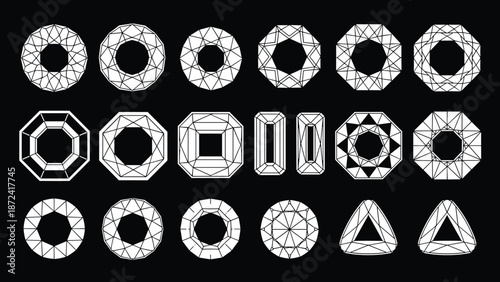 Geometric shape collection, gemstone cut silhouettes, wireframe vector set, editable design, isolated black background abstract icon grid