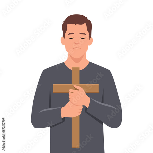 Calm man holding a wooden cross with closed eyes, symbolizing prayer, faith. Flat vector illustration isolated on white background