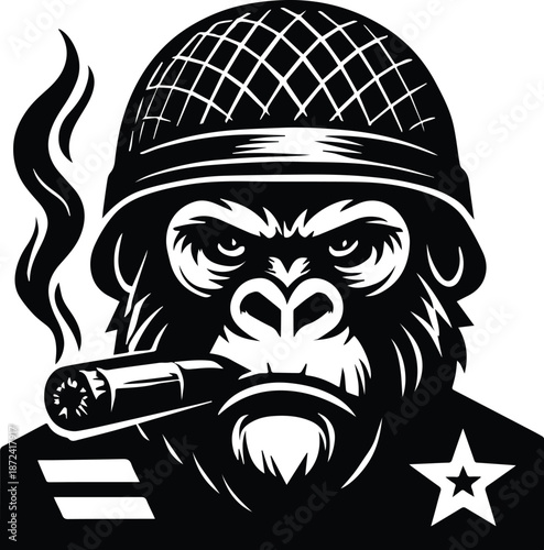 Gorilla Soldier Smoking - Military Gorilla with Cigar - Tough Ape Soldier Character Art - Retro Gorilla Mascot Design