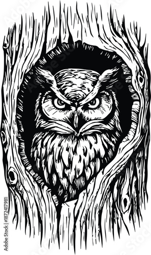 Secret Keeper Owl in Trunk design - Tree Hollow Dwelling Art - Woodland Guardian design - Nocturnal Bird Perching Illustration