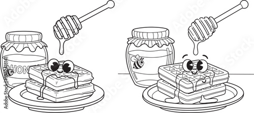 Cute cartoon waffles character with honey jar and dipper for breakfast menu or coloring page