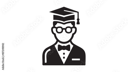 A young graduate wearing a graduation cap and glasses depicted in a simple black and white illustration