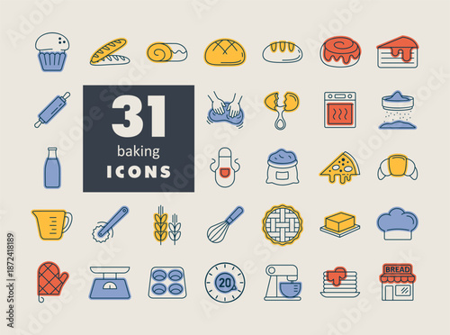 Baking Icons Set, Outline Style with Fill
