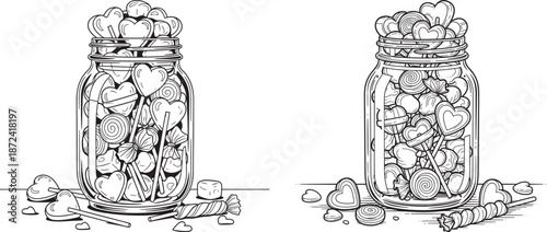 Mason jar filled with heart shaped lollipops and candies line art for Valentine's Day coloring page