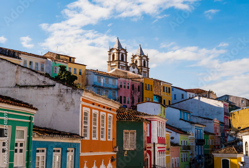 Impressive view of Pelourinho with colorful colonial buildings and cobblestone streets, Salvador, Bahia, Brazil