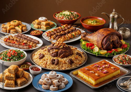 Festive traditional Middle Eastern Muslim Halal food on the table. Celebration of Eid al-Adha, Feast of Sacrifice