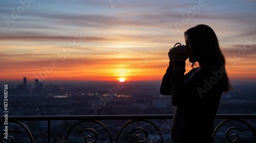 Woman enjoys first sip of coffee on balcony at sunrise, silhouette against colorful city skyline creating peaceful morning beverage moment