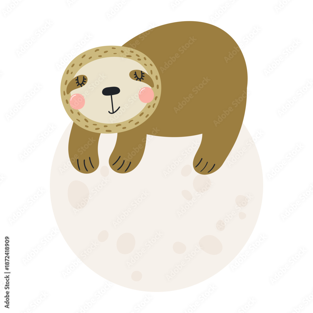 Naklejka premium Cute baby sloth sleeping on the moon, isolated on transparent. Hand drawn flat vector illustration. Kawaii cartoon character. Kids fashion, textile print, poster, card, wall art, baby shower invite