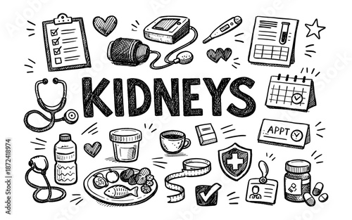 Hand-drawn medical icons and the word kidneys illustrating health and wellness