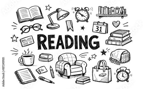 Doodle illustration of reading and cozy home elements for relaxation and leisure