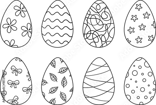 Vector set of Easter eggs with black outline. Hand drawn doodle coloring book page elements isolated on white background.