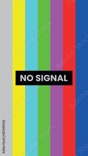 Vertical no signal television screen with classic color bars and warning message, retro broadcast test pattern illustration showing signal loss, media interruption and technical failure