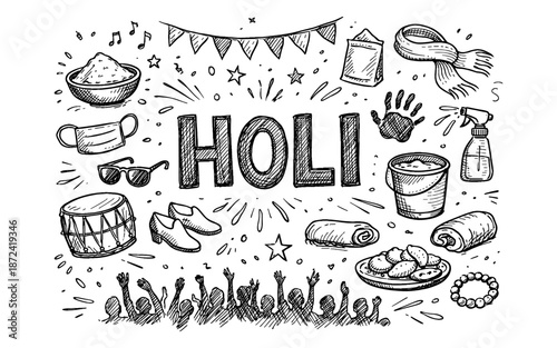 Doodle illustration of Holi festival elements and celebration with people cheering