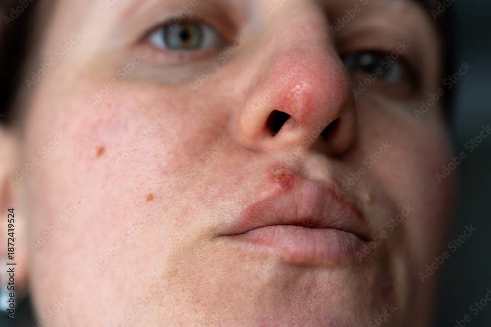 Fototapeta premium Close Up of Woman with Herpes on Lip and Nose Showing Natural Skin Texture