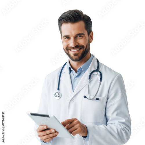 Smiling doctor holding tablet isolated on transparent background