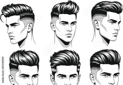 Modern male hairstyle illustrations, slicked-back fade, side part, black and white vector, editable design, isolated grooming style icons
