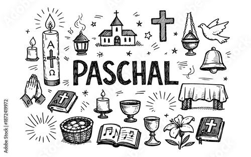 Paschal symbols and religious icons hand-drawn doodle collection