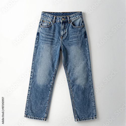 High-waisted blue denim jeans with faded texture and rolled cuffs, centered on a white background