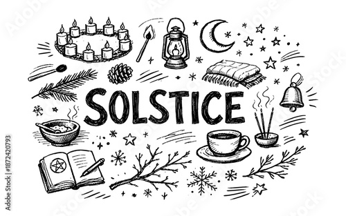 Hand-drawn illustration celebrating the winter solstice with symbolic elements and text