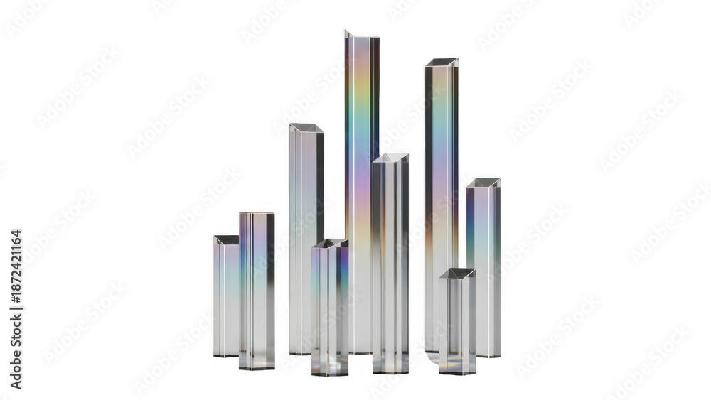 Obraz premium Collection of tall, thin, rectangular prisms with iridescent, reflective surfaces isolated on white isolated on transparent background