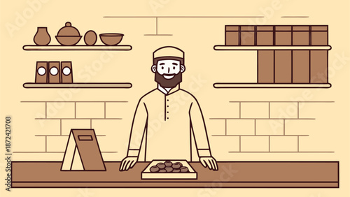 Illustration of a middle eastern or south asian man working behind a counter with shelves of products