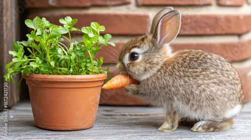 Curious rabbit enjoying carrot beside potted plant, showcasing delightful moment in nature