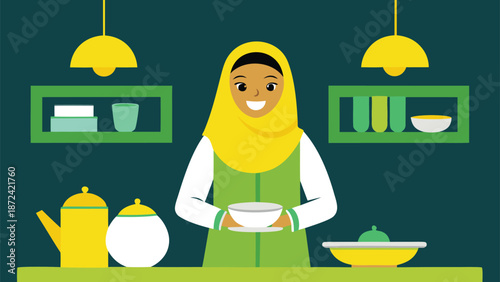 Illustration of a muslim woman enjoying a cup of tea in a cozy kitchen setting