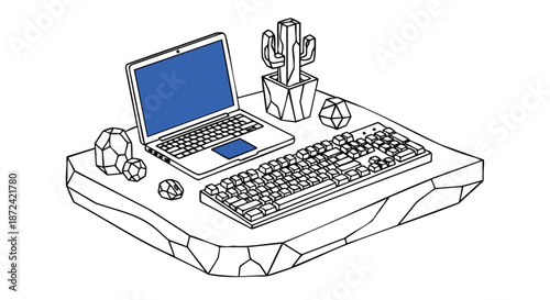 Geometric isometric workspace illustration with laptop, mechanical keyboard, mouse, and cactus, minimalist polygonal floating desk setup, modern tech line art.
